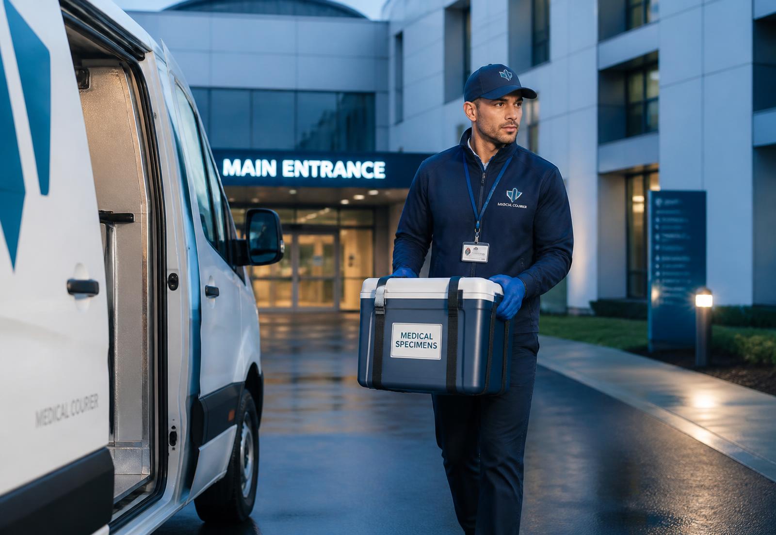 StatMed Logistics medical courier carrying a secure specimen transport case to a delivery van at a hospital entrance
